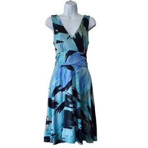 Red Beans & Rice Womens Fit & Flare Dress Size M Blue V-Neck High Waist Stretch